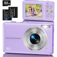 Skaitmeninis fotoaparatas su 32 GB kortele, 1080P FHD 44MP vaikiškas fotoaparatas, 2,4 colių LCD ekranas, 16X skaitmeninis priartinimas, nešiojamas fotoaparatas su 2 baterijomis, fotoaparatas vaikams, paaugliams, pradedantiesiems (violetinės spalvos)