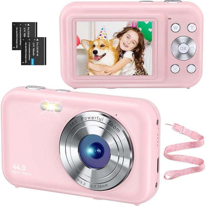 Skaitmeninis fotoaparatas FHD 1080P 44MP itin plonas fotoaparatas Skaitmeninis fotoaparatas su baterijomis Paprastas ir nešiojamas skaitmeninis fotoaparatas vaikams / berniukams / mergaitėms / studentams / pradedantiesiems / senjorams (rožinis)