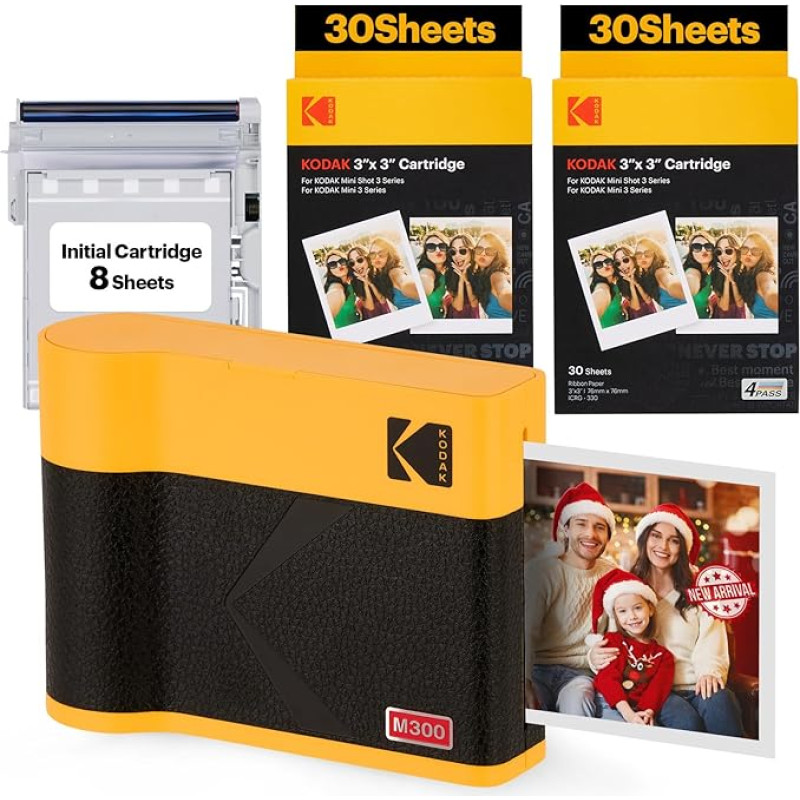 KODAK Mini 3 ERA 4PASS Mobile Photo Printer (7.6 x 7.6 cm) Photo Printer + 8 Sheets Included + 60-Sheet Cartridge, Yellow