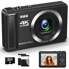 4K 64 MP skaitmeninis fotoaparatas su 32 GB atminties kortele Automatinio fokusavimo kompaktiškas fotoaparatas su 16x skaitmeniniu priartinimu, įkraunamos 2 1200 mAh baterijos 2,4 colio mini vaikiškas fotoaparatas pradedantiesiems