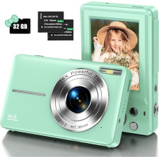 Skaitmeninis fotoaparatas, 1080P vaikiškas fotoaparatas su 32 GB mikro SD kortele, FHD foto kamera, 44 MP vaizdo dienoraščio kamera, nešiojamas kompaktiškas fotoaparatas su LCD ekranu, 16X skaitmeniniu priartinimu ir 2 baterijomis paaugliams, mergaitėms, 