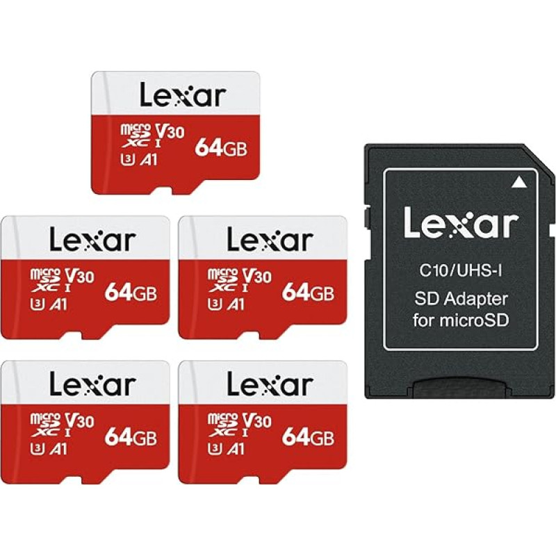Lexar Carte Micro SD 64 Go Lot de 5 Cartes, Carte Mémoire Micro SD+ Adaptor, Microsdxc Card TF jusqu'à 100 Mo/s, A1, U3, C10, V30, Full HD et 4K UHD Pour Caméra, Telephone, Switch