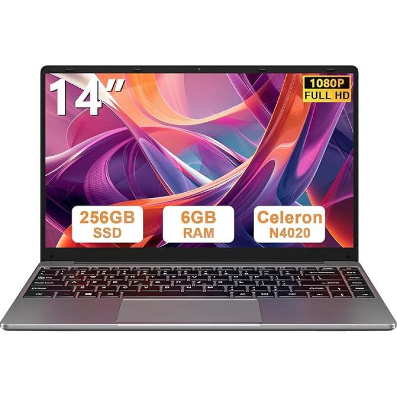 bvate Nešiojamasis kompiuteris 14 colių Win11 256GB SSD palaikymas 1TB Nešiojamasis kompiuteris Celeron N4020 (iki 2,8 GHz) 1080p WiFi BT4.2 Vokiečių klaviatūros apsauga ir belaidė pelė Pilka