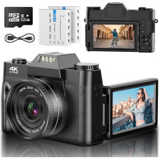 Skaitmeninis fotoaparatas 4K 48MP Vlogging Camera su 3 colių 180 laipsnių apverčiamu ekranu, 16X skaitmeninis priartinimo fotoaparatas fotografavimui su automatiniu fokusavimu ir 32GB kortele bei 2 baterijomis paaugliams studentams vaikams berniukams merg