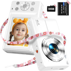 Skaitmeninis fotoaparatas 1080P fotoaparatas 44MP fotoaparatas 16X skaitmeninis priartinimas Kompaktiškas fotoaparatas su 2,4 colių LCD ekranu, 32G Micro SD kortele ir 1 baterija vaikams, studentams, pradedantiesiems Balta