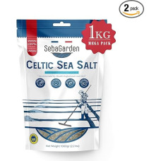 Seba Garden Keltų jūros druska pilka 1kg Sertifikuotas sandarus maišelis pilkos spalvos rankomis surinktos jūros druskos, kurioje yra daugiau nei 82 pagrindiniai mineralai (1kg)