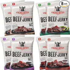 Viking Bites Beef Jerky Mixed Box 400 g (8 x 50 g) - 2 x Original, 2 x Jalapeno, 2 x Barbecue, 2 x Teriyaki - Dried Beef - High Protein Meat Snack