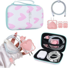 Cute Storage Bag Set with USB Charging Cable Protection Series, Mini Storage Bag for USB Charger and In-Ear Headphones with Mesh Compartment, Storage Case Organiser for Girls Women - Pink Heart, Pink