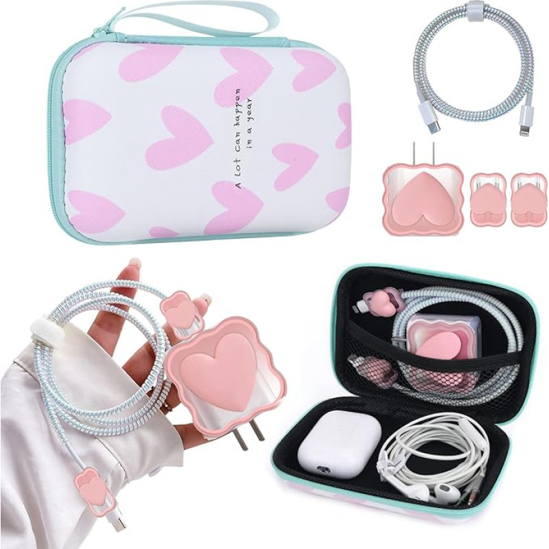 Cute Storage Bag Set with USB Charging Cable Protection Series, Mini Storage Bag for USB Charger and In-Ear Headphones with Mesh Compartment, Storage Case Organiser for Girls Women - Pink Heart, Pink