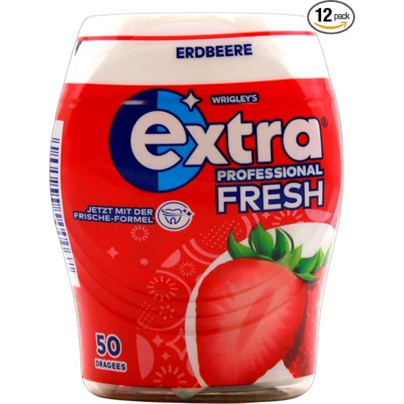 Extra Professional Fresh Strawberry Chewing Gum, Pack of 12 (12 x 50 Dragees)