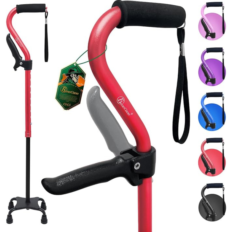 BeneCane Quad Stick with Second Handle, Adjustable Walking Stick with Soft Padded Handle for Men and Women, Lightweight and Comfortable, Walking Sticks with 4 Pointed Feet for Stability