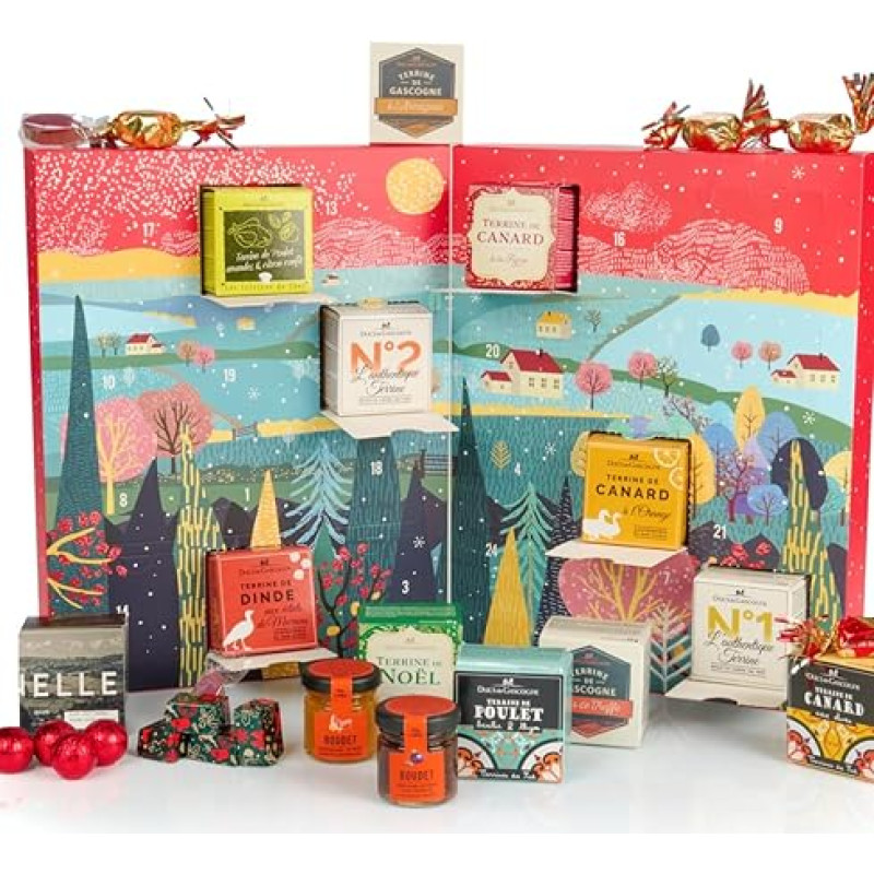 Gourmet Advent Calendar 2024 with French Delicacies from the Périgord. Elegant Delicatesses such as Duck Liver, Godfather, Game, Terrines and Sweets. From the Perigord