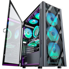 MUSETEX ATX PC Case Pre-Install 6 PWM ARGB Fan, Polygonal Mesh Computer Gaming Case, Opening Tempered Glass Side Panel Mid-Tower Housing, USB 3.0 x 2, Black, NN8