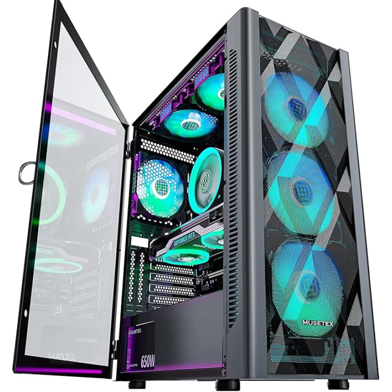 MUSETEX ATX kompiuterio korpusas su 6 PWM ARGB ventiliatoriais, daugiakampio tinklelio kompiuterinių žaidimų korpusas, atidaromas grūdinto stiklo šoninis skydelis, USB 3.0 x 2, juodas, NN8