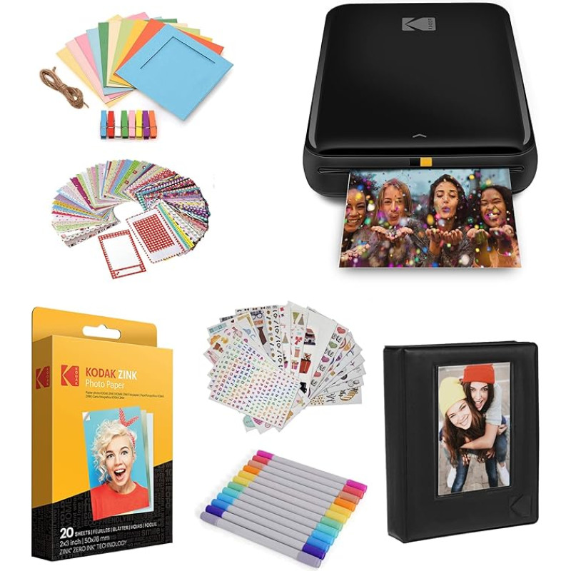 KODAK Step Photo Printer, Wireless, Portable, with Zink Technology and Free App, for iOS and Android, Black, Gift Pack, 5 x 7.5 cm