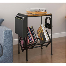 HMAKGGG Vinilinių plokštelių saugykla, vintažinių plokštelių stovas su ratukais, 2 pakopų plokštelių grotuvo medinė lentyna iki 100 plokštelių, metalinė juoda vinilinių plokštelių lentyna gyvenamajame kambaryje