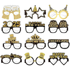 CKCSHI 12 Stück Happy New Year Brillen, Silvester-Partybrillen, 2025 Papiergläser, ausgefallene Neujahrsparty-Brille, Glitzer-Happy New Year Brillen für Silvester, Partyzubehör, Dekoration