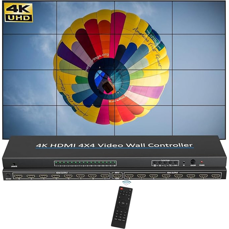 Video Wall Controller 4x4 4K Video Wall Controller with 24 Splicing Modes RS232, 180° Rotate, Audio Extractor HD Multimedia Interface Video Splicer Supports 1 Input and 16 Outputs