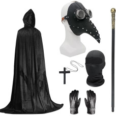 Moras gydytojas kostiumas rinkinys, Helovino kaukė Ilga nosis snapas kaukė juoda su juoda gobtuvas Cape Kryžius karoliai pirštinės Stick visą veidą kaukė Helovino šalis, Punk karnavalas, maskaradas