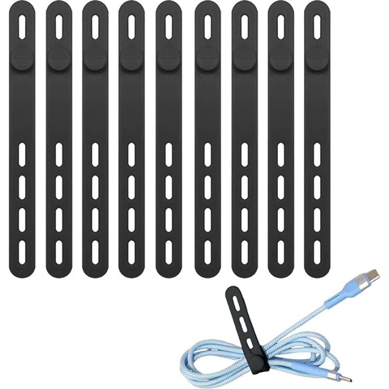 Silikon-Kabelbinder, wiederverwendbare Kabelbinder, Silikon-Kabelbänder, Kabel-Organizer, Kabelbinder für Kabelmanagement mit Verschlussschnalle, elastischer, verstellbarer Ladekabelgurt, 10 Stück
