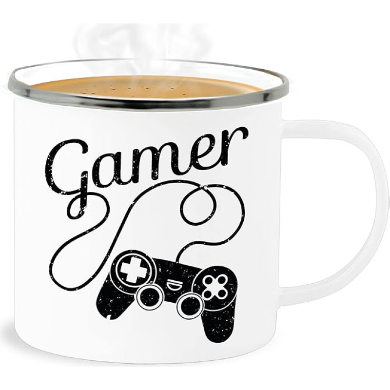 Shirtracer Emaille Becher Blechbecher - Statement - Gamer Motiv mit Controller - Gamer Geschenk - 300 ml - Weiß Silber - statements game frohes neues jahr new year