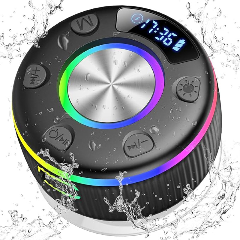 Bluetooth Speaker, Music Box, Bluetooth Speaker Shower with LED Light, IPX7 Water Protection, Portable Speaker Shower with Suction Cup, 360° Stereo Sound, Wireless Speaker, FM, Hands-Free Function