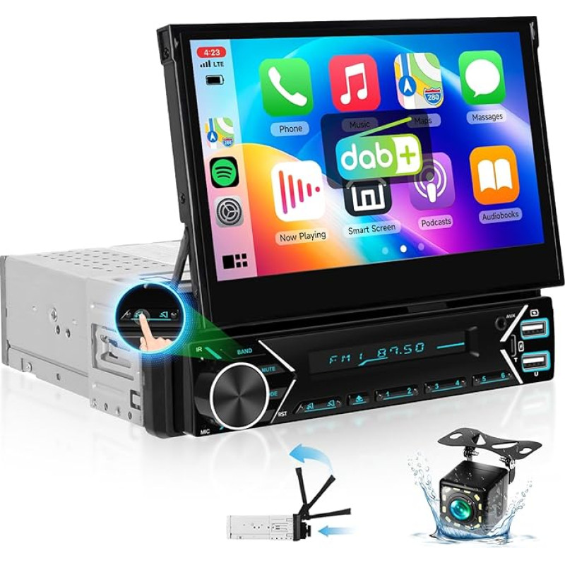 Single DIN DAB+ Car Radio with Wireless CarPlay Android Car, 7 Inch Radio with Automatic Retractable Screen, 1-DIN Radio BT/Steering Wheel Control/Mirror Link/EQ/USB-C + Reversing Camera