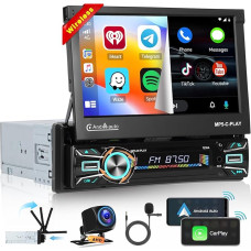 Hikity 1 DIN 2+64GB Android 13 Car Radio with 7 Inch Flip Out Car Touch Screen CarPlay Android Car Wireless Bluetooth Mirror Link Car Radio with Navigation Reversing Camera WiFi FM RDS SWC EQ