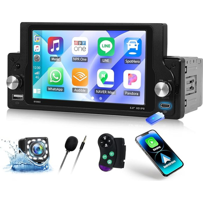 CAMECHO 1Din laidinis Carplay 5.9 Zoll Bluetooth radijas HD Touch Bildschirm Laidinis Android Auto Autoradio mit FM/AM/RDS EQ-Ton Lenkradsteuerung 2USB Mirror Link +Rückfahrkamera Mikrofonas