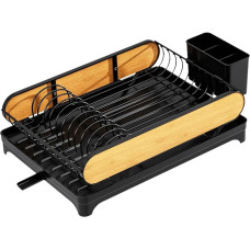 F Fityle Geschirrtrockner, Getränkehalter, platzsparend, verschleißfest, Schüssel- und Geschirr-Organizer, Utensilienhalter für Besteck, Haushaltsgeschirr, Schwarz mit Holz