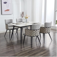 AISALL Dining Room Chairs, Set of 4, Kitchen Chairs, Upholstered Chairs with Woven Straps Armrests, Living Room Chair for Dining Room, Kitchen, Maximum Load 136 kg, Metal Legs, Beige
