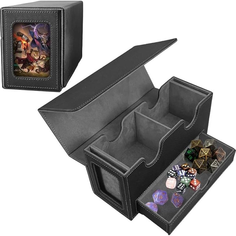 MTG Deck Box, Card Deck Box with Viewing Window, MTG Commander Card Deck Box with 3 Dividers, Fits 300+ Sleeved Cards, Magnetic Deck Box with Cube Tray (Black + Grey)