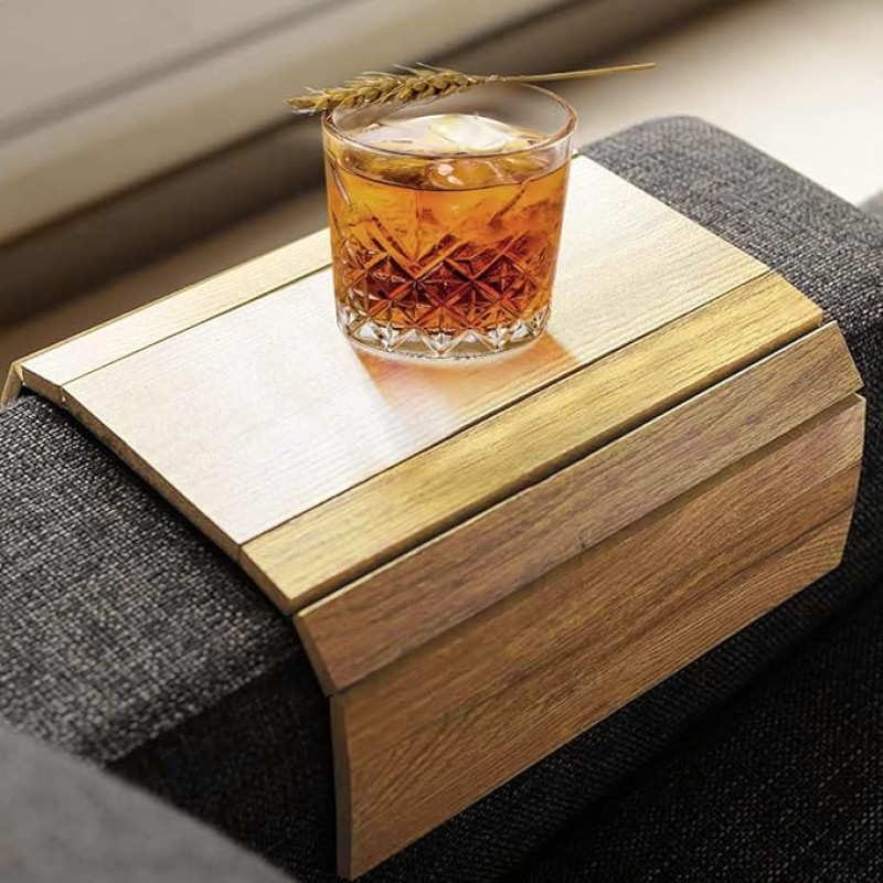 Medinis sulankstomas medinis sofos padėklas, atramos rankai padėklas ir organizatorius gėrimams, užkandžiams, žurnalams ir nuotolinio valdymo pultui, kvadratinis sofos apsauginis padėklas su neslystančiu pagrindu