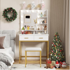 Lifewit Dressing Table with Mirror, LED Lighting, Adjustable Brightness, Dressing Table with 2 Drawers, 2 Open Compartments and Stool, Dressing Table Makeup Vanity for Bedroom, Bathroom, Vanity Room