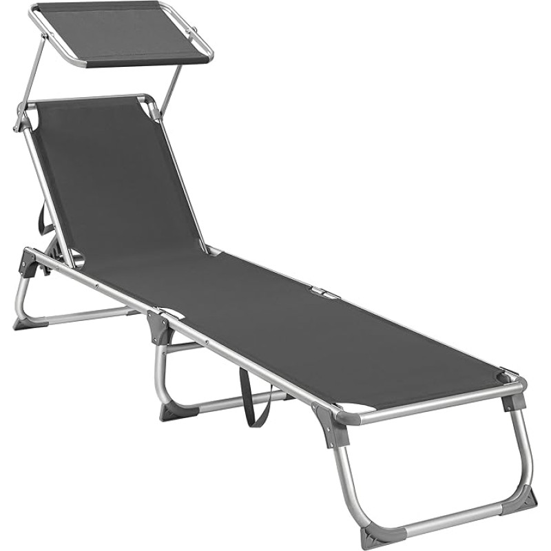 SONGMICS GCB19GYV1 sun lounger, deck chair, garden lounger, with sun roof, adjustable backrest, foldable, light, 55 x 193 x 31 cm, loadable up to 150 kg, garden, balcony and terrace, anthracite
