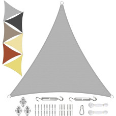 Trikampė saulės burė, atspari vandeniui, 2,4 x 2,4 x 2,4 m, pagaminta iš PES poliesterio, 95 % apsauga nuo UV spindulių, atspari atmosferos poveikiui, atspari plyšimui, įvairių dydžių ir spalvų, su tvirtinimo rinkiniu, skirta terasai, sodui, šviesiai pilk