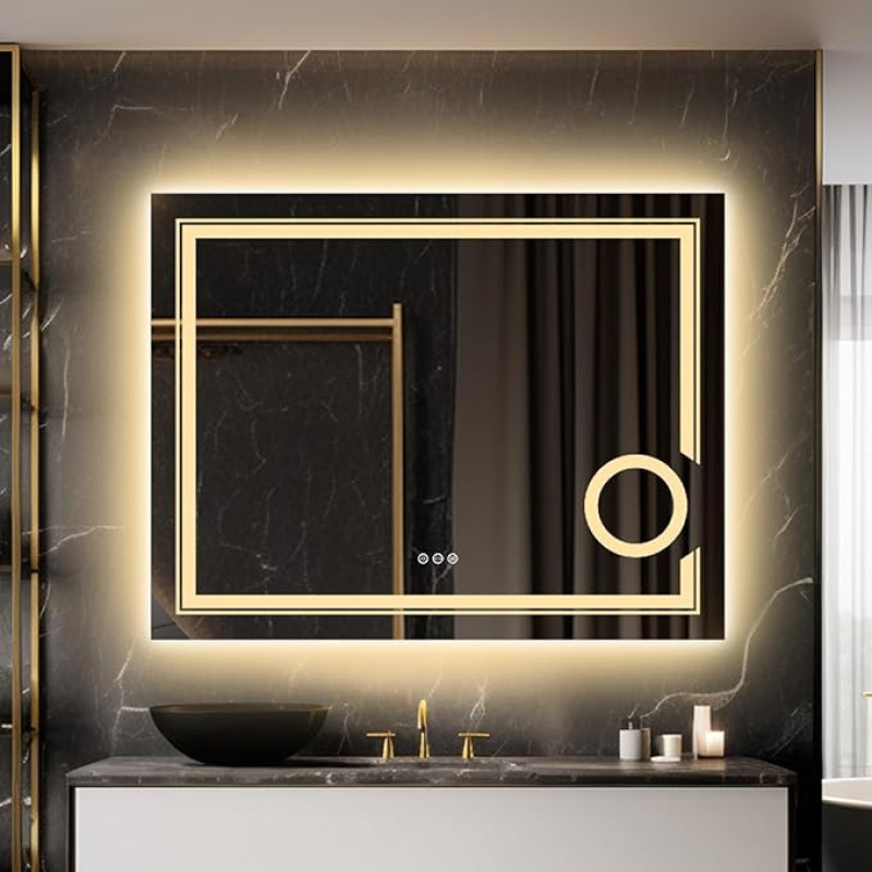 LUVODI Bathroom Mirror with Magnifying Mirror Illumination: 90 x 70 cm LED Bathroom Mirror Cosmetic Mirror with 3x Mirror Magnification - Smart Wall Mirror Touch Anti-Fog Dimmable 3500K-6500K