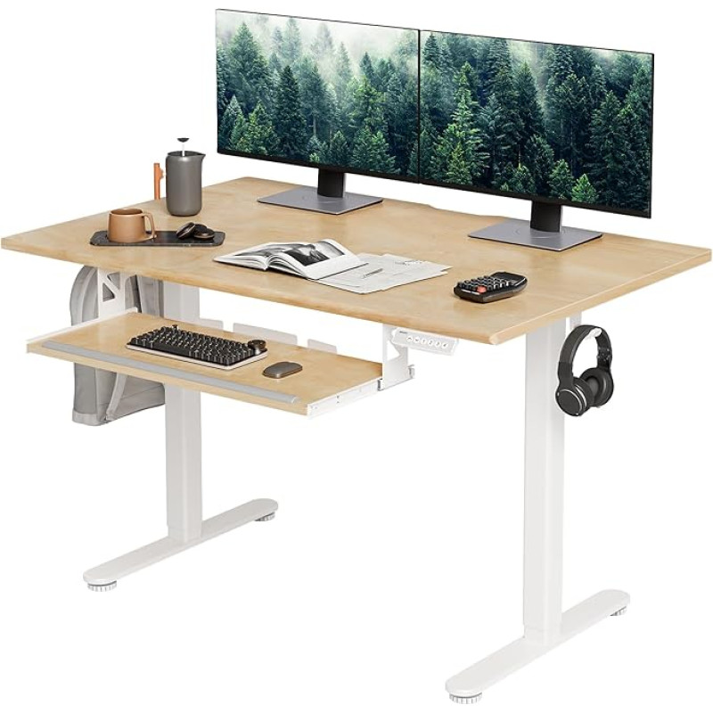 INNOVAR Height-Adjustable Desk Made of Real Wood with Keyboard Shelf 120 x 60 cm, Electric Standing Desk with One-Piece Table Top, Computer Desk Seat/Stand with Memory Function, Beige
