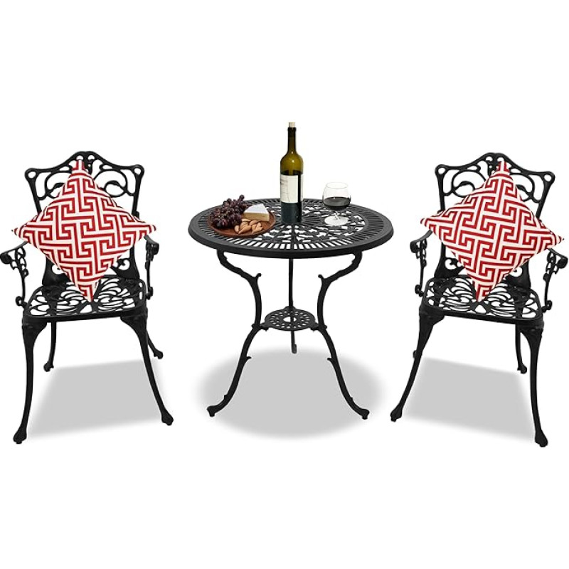 Homeology Tabreez Cast Aluminium Garden Patio Table and 2 Large Armchair Chairs Set - Black