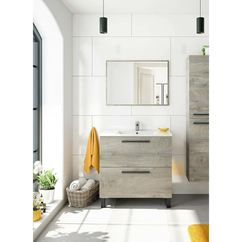 Dmora - Yonkers Vanity Unit, Bathroom Cabinet with 2 Drawers, Wall Cabinet with Mirror, Sink Not Included, 80 x 45 x 80 cm, Oak