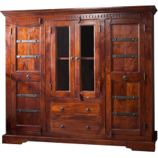 Massivmoebel24.de Oxford Solid Highboard Nougat, Painted, Acacia, 160 x 50 x 142 cm, 2 Glass Doors, 2 Wooden Doors, 2 Drawers, Living Room Cabinet, High Chest of Drawers