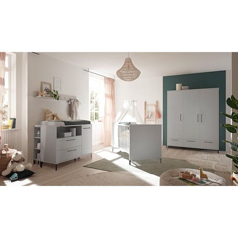Olaf 7-Piece Baby Room Set - Modern Nursery Set in Chalk Grey Matt, Made in Germany - Partially Solid, Doors with Cushioning, Drawers with Self-Closing, Made in Germany, Includes Mattress