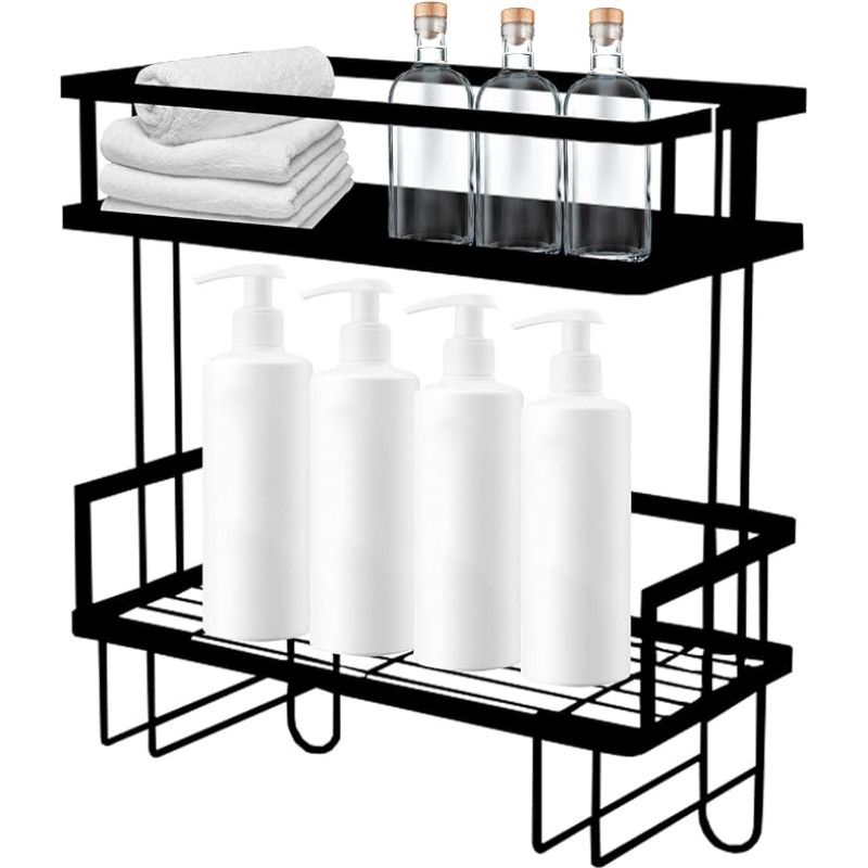 Tualeto laikymo įrenginys, 2 pakopos, vonios kambario laikymo stovas su 2 kabliukais, vonios kambario organizatoriaus lentynos, be gręžimo, daugiafunkcinė tualeto lentyna, taupanti vietą, montuojama ant sienos (juoda)