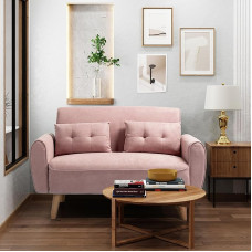 Shintenchi Maža šiuolaikinė dviejų vietų sofa sofa vidurio amžiaus audinio minkštasuolis 2 vietų sofa meilės sėdynės Baldai mažoms erdvėms Gyvenamasis kambarys studija butas su 2 pagalvėlėmis rožinė