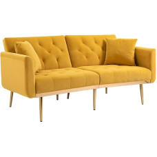 FARRINGTON 3 vietų aksominė sofa, paverčiama sofa lova Reguliuojamos metalinės kojelės svetainei, miegamajam, mažam kambariui (geltona)