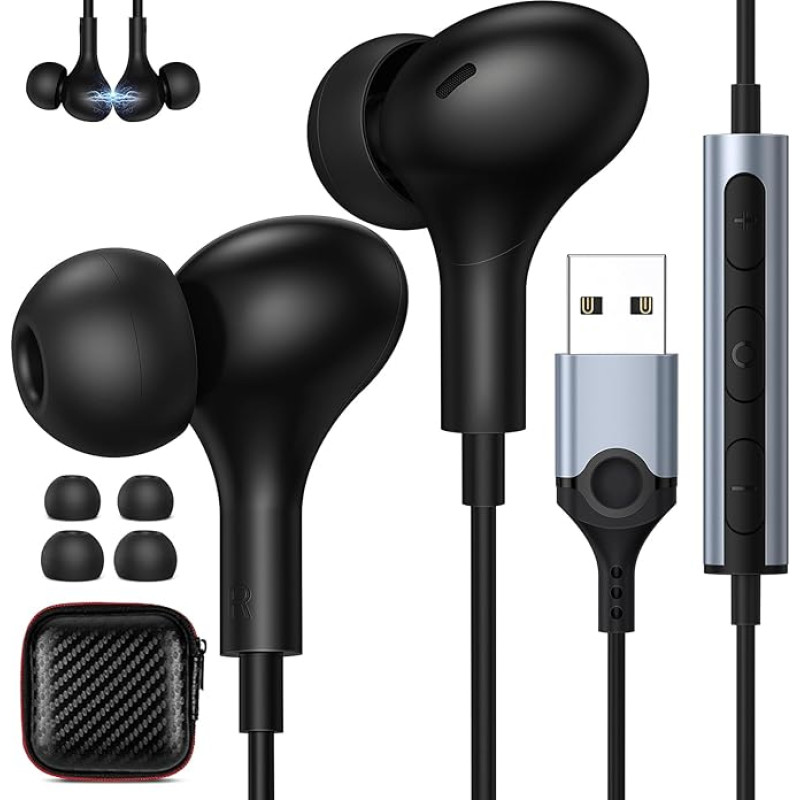 AIAUXAI USB-Computer-Kopfhörer, 2,3 m, PC-Headset mit Mikrofon und Lautstärkeregler, PC Gaming Kopfhörer mit Kabel Stereo HiFi In Ear Magnetisch USB Kopfhörer für PS5/Computer/PC/Mac/Laptop/Chromebook