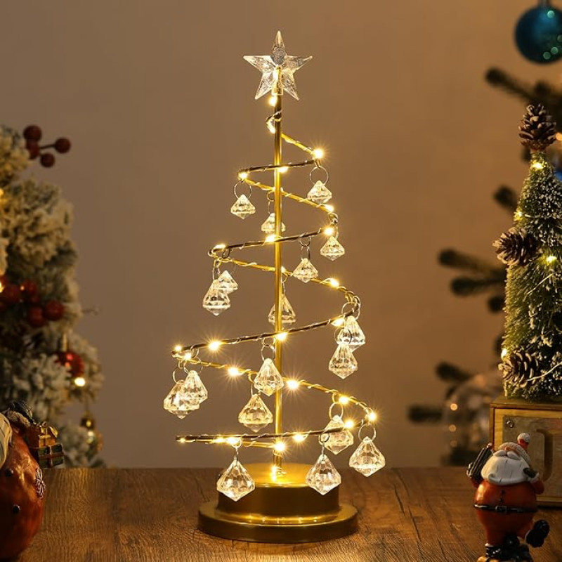 Lewondr Christmas Tree Light, Battery Operated Christmas Tree Night Light, Crystal Spiral Christmas Tree Table Lamp with Starlight & Metal Stand, Christmas Decoration for Home, Gold