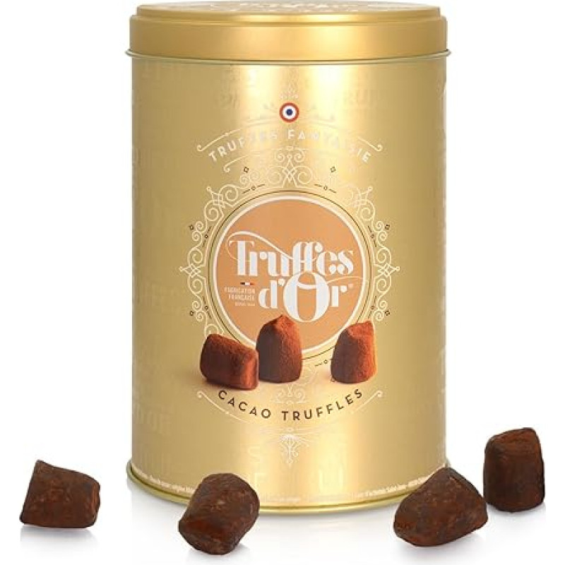 Mathez Truffes Fantaisie - Chocolate Truffles Dusted with Cocoa Powder in Golden Round Tin - 500 g