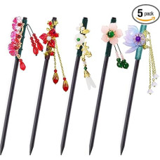 Saijer Hair Sticks, Pack of 5 Chinese Hair Sticks, Vintage Hair Chopsticks, Hairpin Hair Clips, Hair Sticks, Hair Accessories, Hair Sticks, Flower Hair Sticks for Women, Girls, Hair Accessories