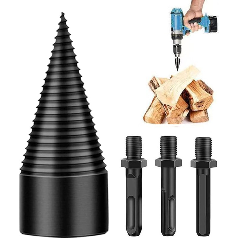 YEJAHY Wood Splitter 42 mm with 3 Drill Handles, Wood Splitter Screw Cone, Cone Splitter, Firewood Splitter Drill, Precise & Fast Splitter for Wood, Electric Wood Splitter